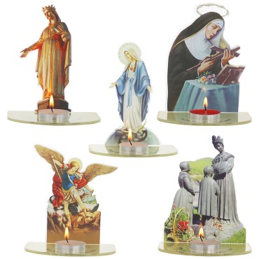 Bougeoir en plexi assemblable, avec representations de saints. Livre avec une bougie, H. 13,5 cm. Disponible plusieurs saints